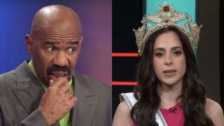 Steve Harvey looks surprised on Family Feud, while Fátima Bosch appears on Telemundo.