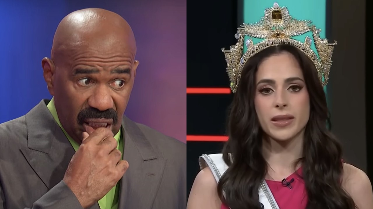 Steve Harvey looks surprised on Family Feud, while Fátima Bosch appears on Telemundo.