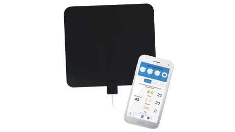 Winegard TH-3000 antenna with control app on phone screen all against white background