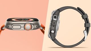En Apple Watch Ultra med ett orange band bredvid en Garmin-klocka med ett mörkgrått band. Visas upp från sidorna för att visa knapparna.