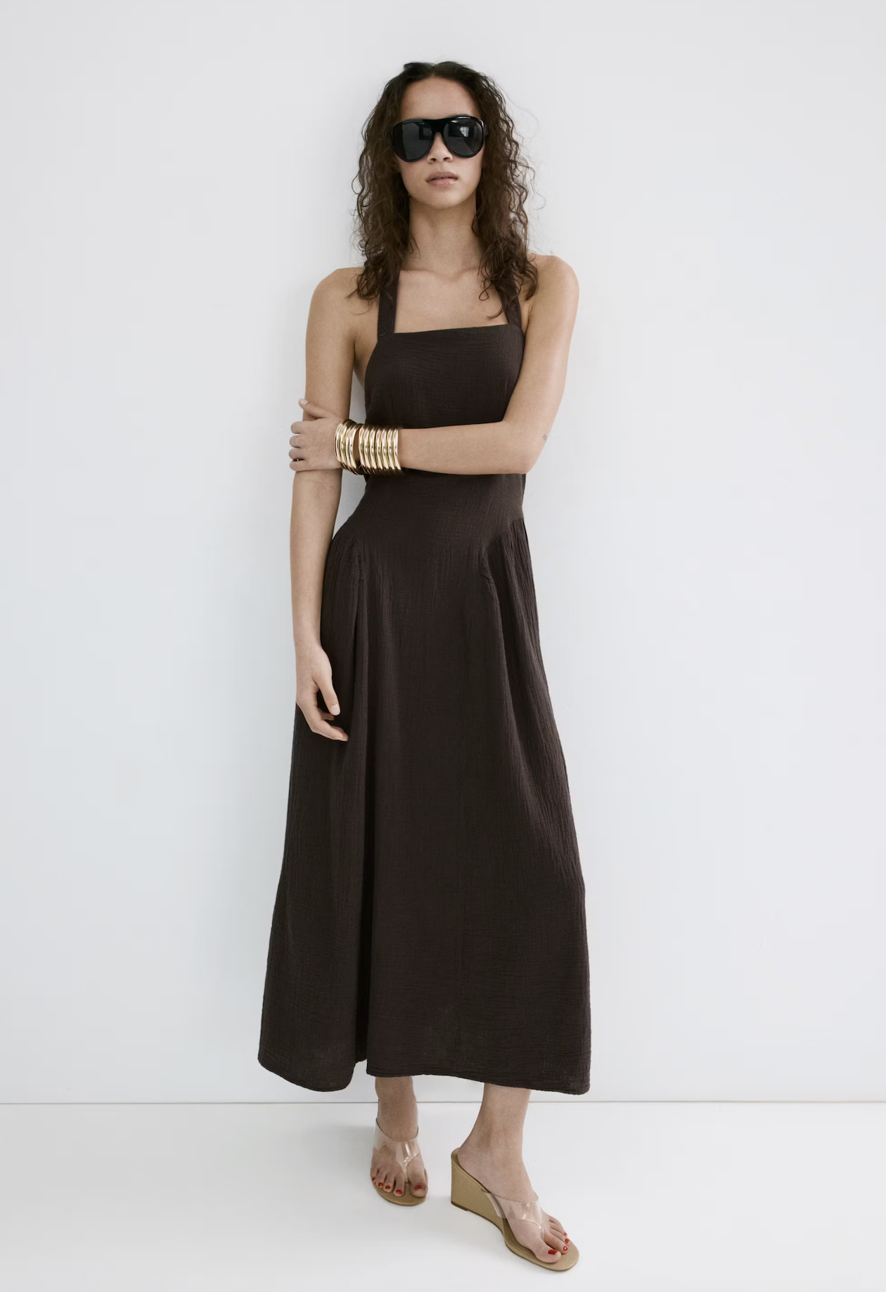 MANGO, Open Back Crinkled Cotton Dress