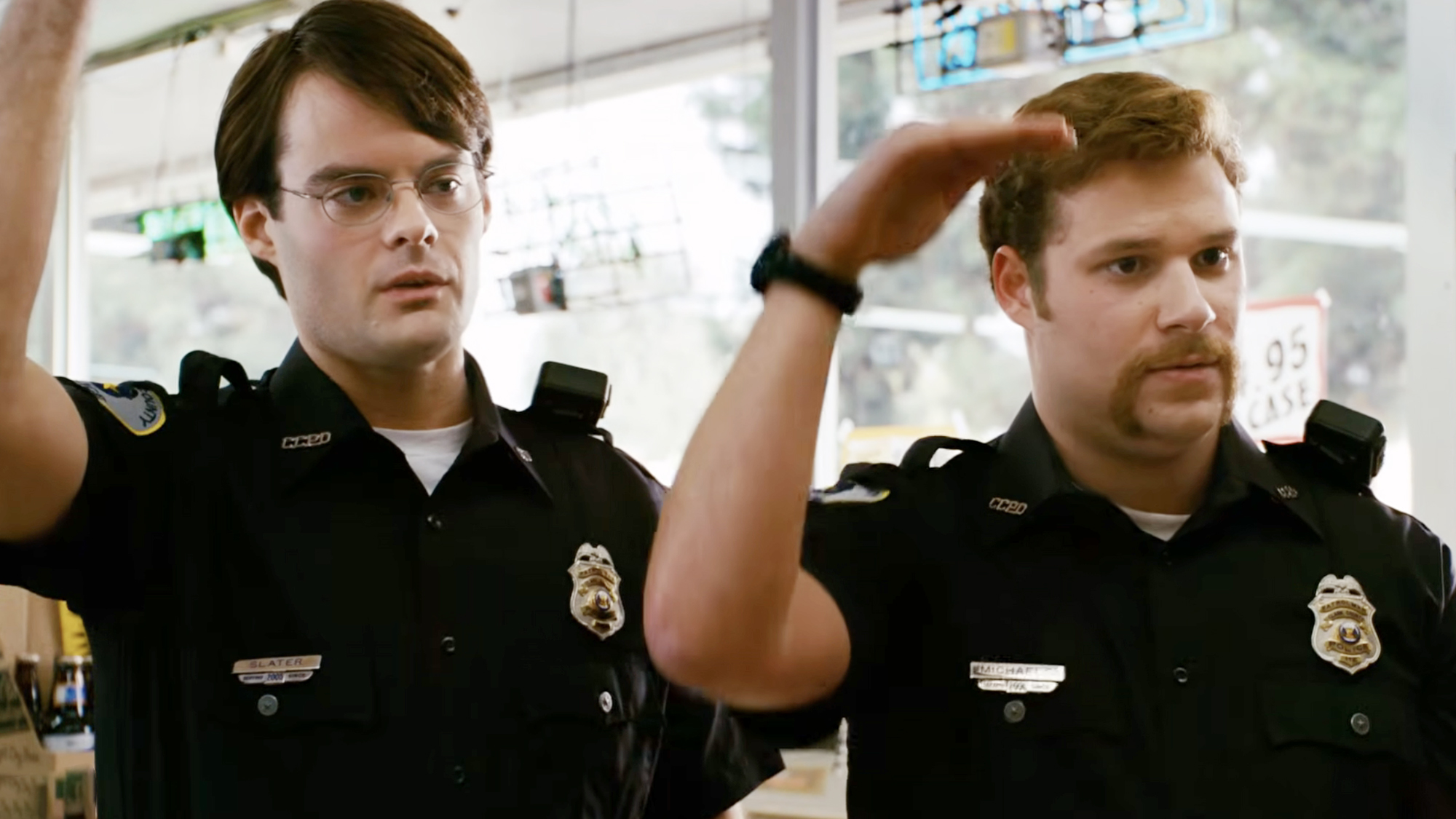 Bill Hader and Seth Rogen play the goofy, soft hearted police of Superbad (2007).
