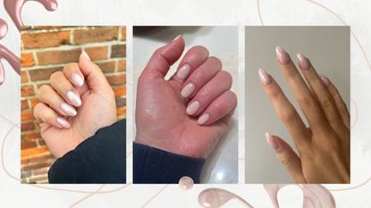 On the left is a close-up of Digital eCom Editor, Aleesha Badkar's chrome pink almond nails, alongside a picture of Digital Beauty Editor, Fiona McKim's hand with milky BIAB nails, in front of a cream marble background and on the right, a picture of Digital Beauty Writer, Sennen Prickett's long almond, pink chrome nails/ all featured in a grey and white marble template with two creamy nail polish swatches.
