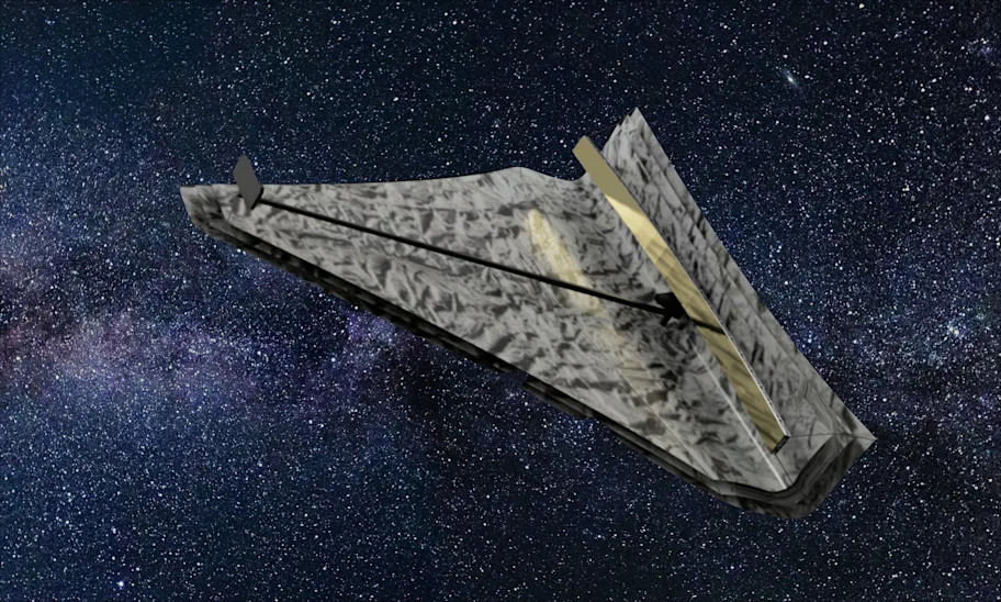 An artist's impression of a rectangular space telescope. The 65.6 by 3.3 foot (20 x 1 meter) mirror can be seen as the strip on the right