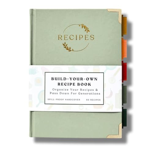 Kikaze Collection Blank Recipe Notebook | Small Blank Recipe Book to Write in Your Own Recipes | Artisan Hardcover Journal for 60 Recipes | 8.4&amp;rdquo; X 6&amp;rdquo; Leather Sage Green &amp;amp; Gold Hardcover | Tabs, Stickers, Pocket &amp;amp; Bookmarks