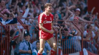 07 May 1989 - FA Cup Semi Final -Liverpool v Nottingham Forest - John Aldridge celebrates his second goal in front of the Liverpool fans. (Photo by Mark Leech/Getty Images)