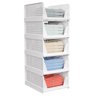 Caktraie 5 Pack Folding Closet Organizers Storage Box, Stackable Plastic Storage Basket, Closet Organizers and Storage Drawer Shelf Storage, Storage Container for Cupboard Kitchen Bathroom, White