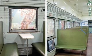 Two images of the interior of a train, the windows covered with book illustrations