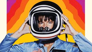documentary poster art showing a female astronaut lifting a helmet off her head with bright rainbow colors forming her silhouette behind her