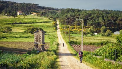 Pilgrims walking along on the Way of St. James in Spain