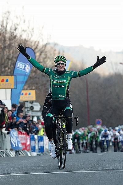 Pierre Rolland (Europcar) celebrates his victory in stage 3 of Etoile de Bess&egrave;ges