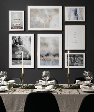 Black dining wall idea with selection of pre-printed artwork