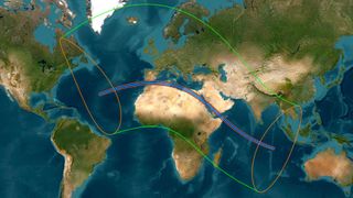 a map showing the path of the total solar eclipse heading over the Middle East, North Africa and southern Europe.