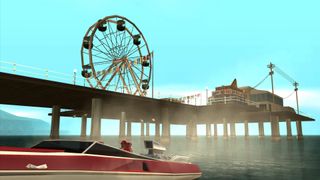 A pier with a boar driving under it in GTA San Andreas