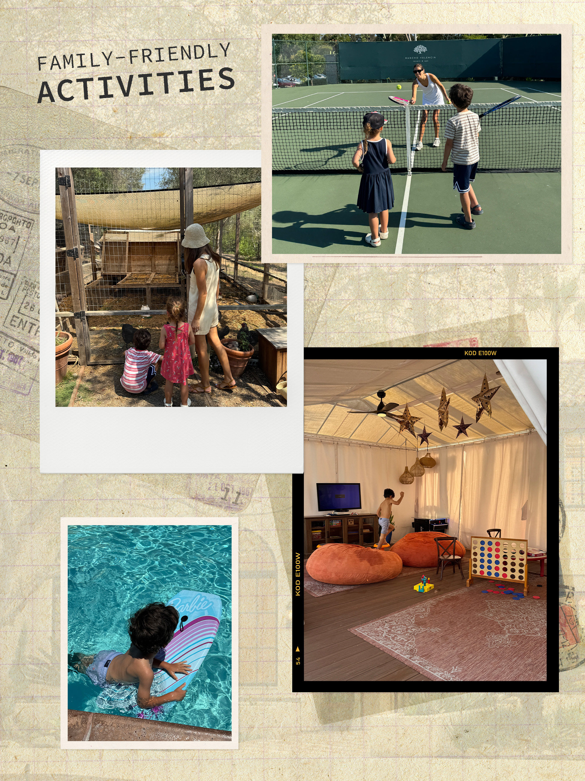 Collage of WWW editor Judith Jones and her family at Rancho Valencia.