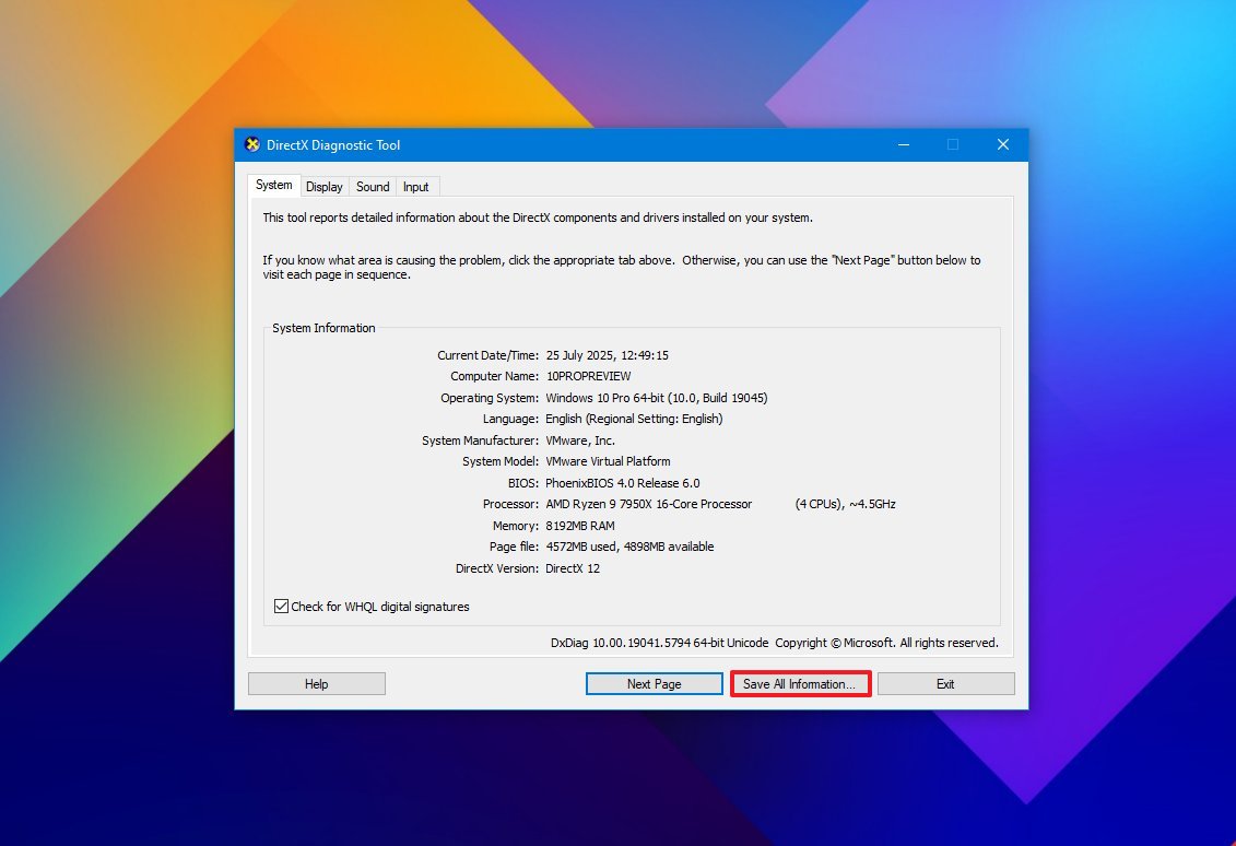 DirectX export all tech specs