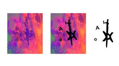 Photos and a digital illustration of the tattoos of the Chi-Rho and Greek letters alpha and omega found on the body at Ghazali.