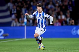 Matin Zubimendi of Real Sociedad in action during the LaLiga Santander match between Real Sociedad and Athletic Club at Reale Arena on January 14, 2023 in San Sebastian, Spain.