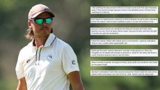 Rickie Fowler wearing a white polo, brown cap and sunglasses and a number of comments screengrabbed