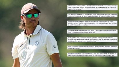 Rickie Fowler wearing a white polo, brown cap and sunglasses and a number of comments screengrabbed