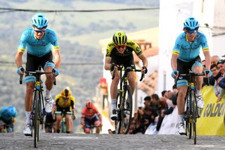 ALCAL DE LOS GAZULES SPAIN FEBRUARY 20 Arrival Jakob Fuglsang of Denmark and Astana Pro Team Jon Izaguirre Insausti of Spain and Astana Pro Team Jack Haig of Australia and Team Mitchelton Scott during the 65th Ruta del Sol 2019 Stage 1 a 1705km stage from Sanlcar de Barrameda to Alcal de los Gazules 213m RDS VCANDALUCIA vueltaciclistaandalucia2019 on February 20 2019 in Alcal de los Gazules Spain Photo by David RamosGetty Images