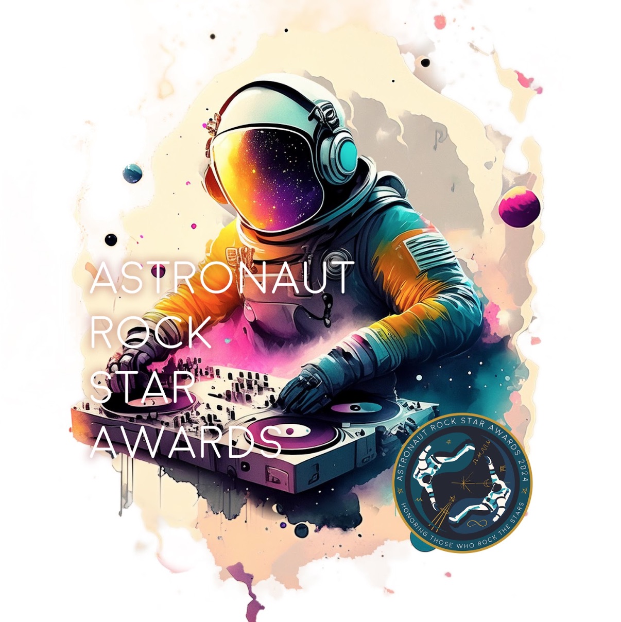 a colorful astronaut at a dj's turntable mxing board