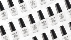 A collage of product shots of OPI's Alpine Snow nail polish (which is a crisp and opaque white colour), arranged in a diagonal line pattern on a white and grey marbled template