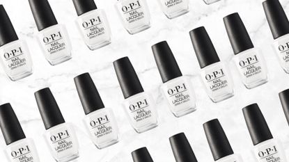 A collage of product shots of OPI's Alpine Snow nail polish (which is a crisp and opaque white colour), arranged in a diagonal line pattern on a white and grey marbled template