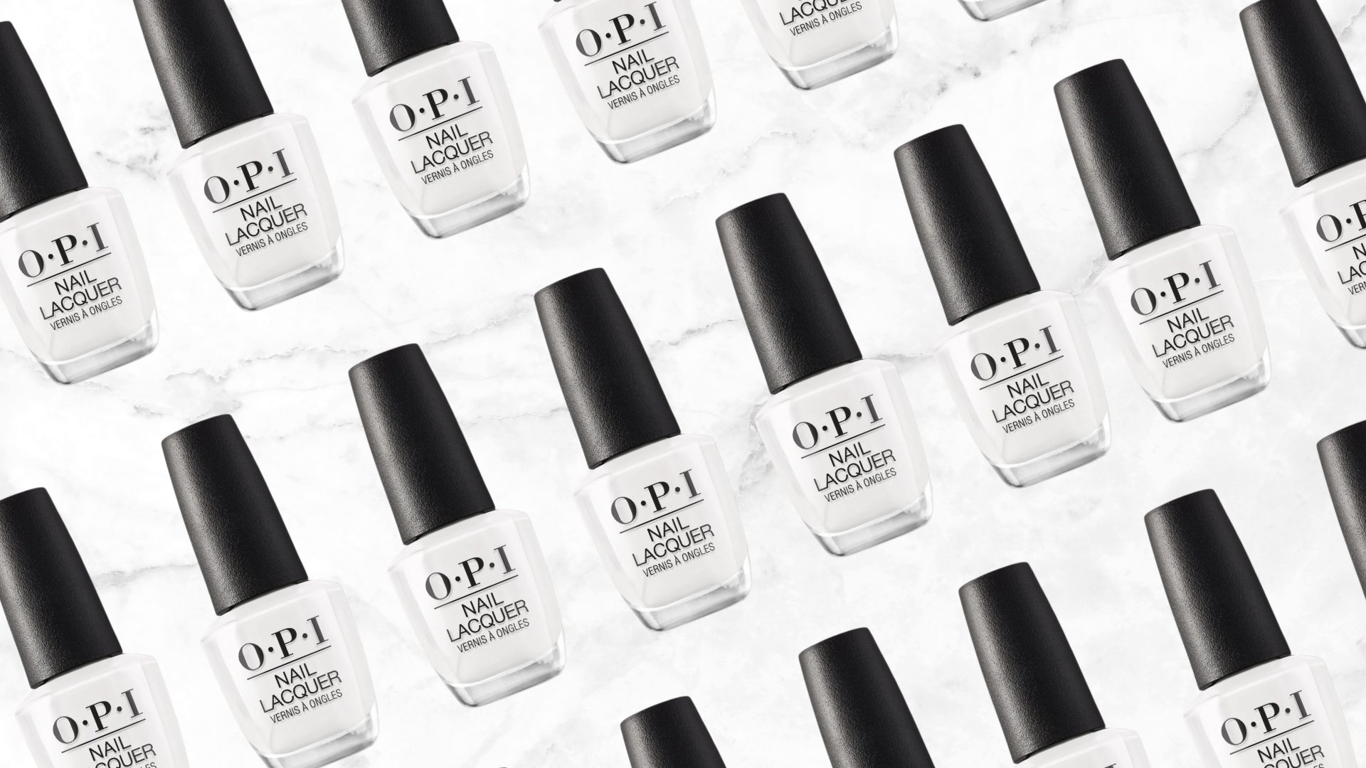 A collage of product shots of OPI's Alpine Snow nail polish (which is a crisp and opaque white colour), arranged in a diagonal line pattern on a white and grey marbled template