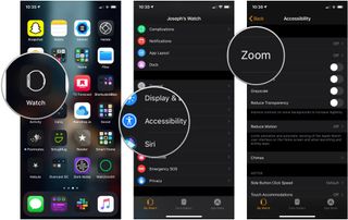 Enable Zoom on Apple Watch with iPhone, showing how to open the Apple Watch app, tap Accessibility, then tap Zoom