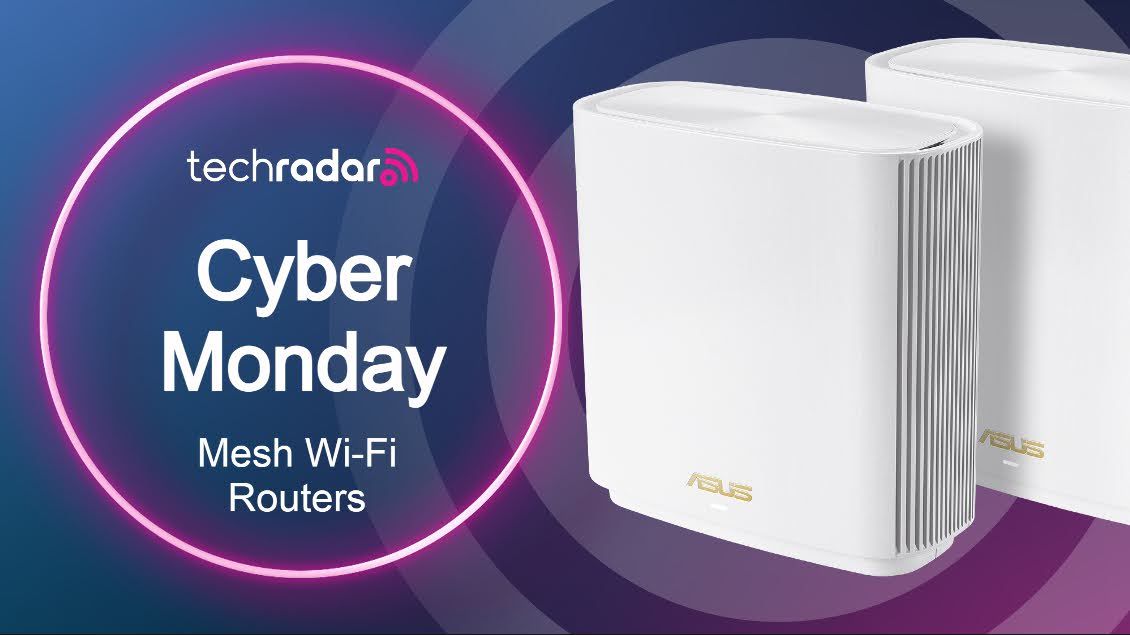 Two Asus mesh routers next to text promoting Cyber Monday