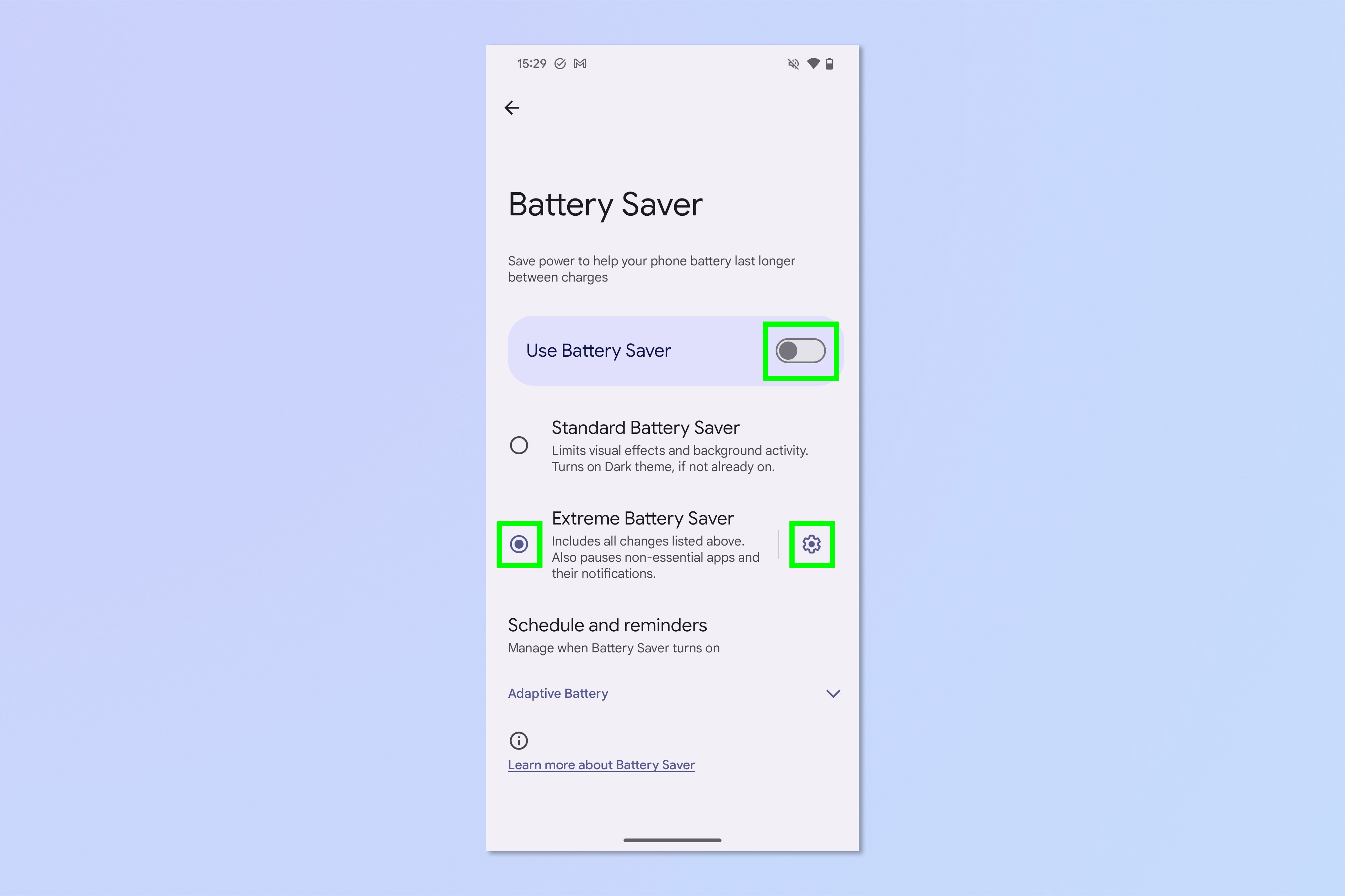 Screenshot showing how to enable and customize Extreme Battery Saver on Android