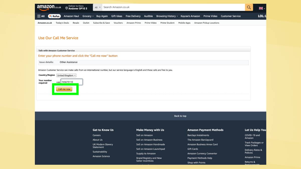 Call me now highlighted in Amazon