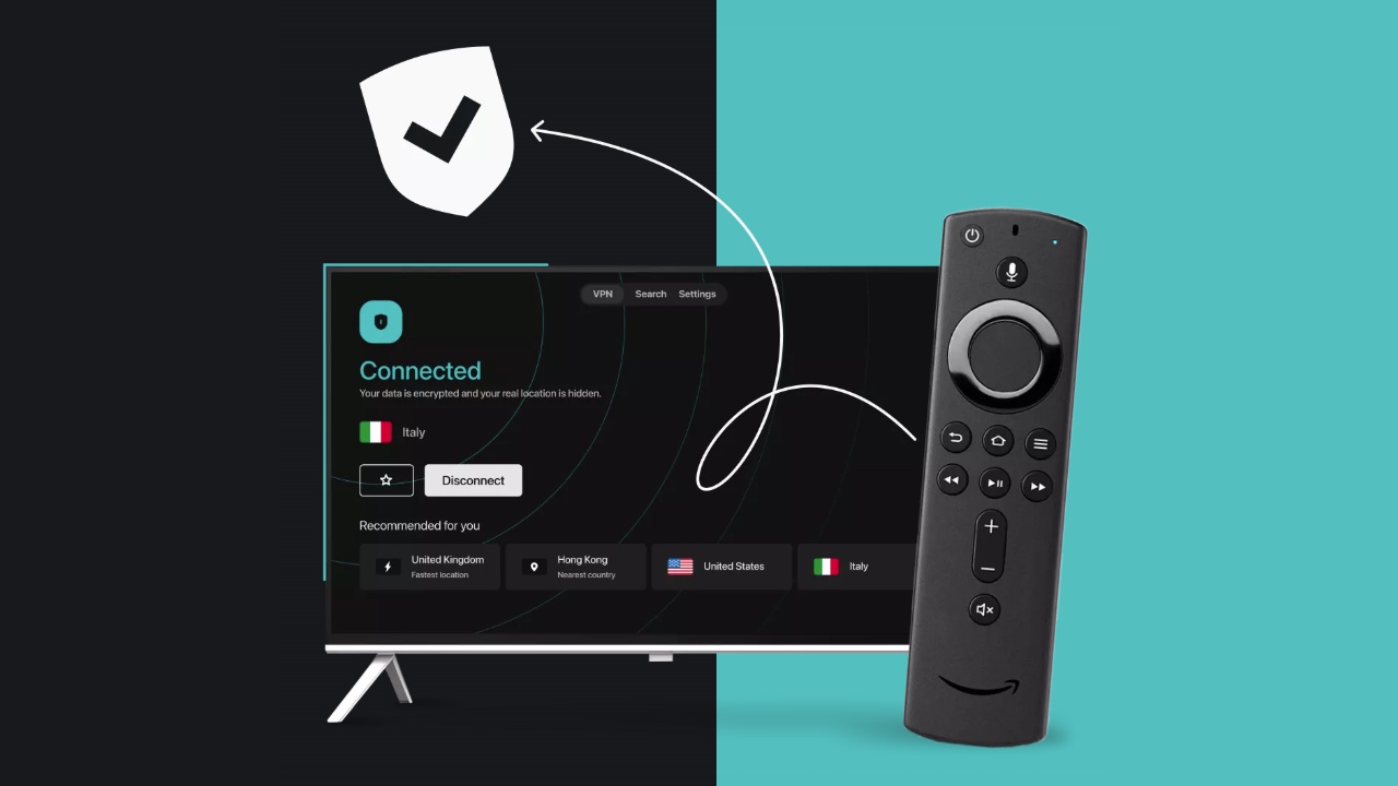 A Fire TV Stick controller placed in front of a television which is showing Surfshark VPN working on it.