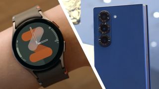 The Samsung Galaxy Watch 7 on a wrist next to the Galaxy Fold 6 on a table