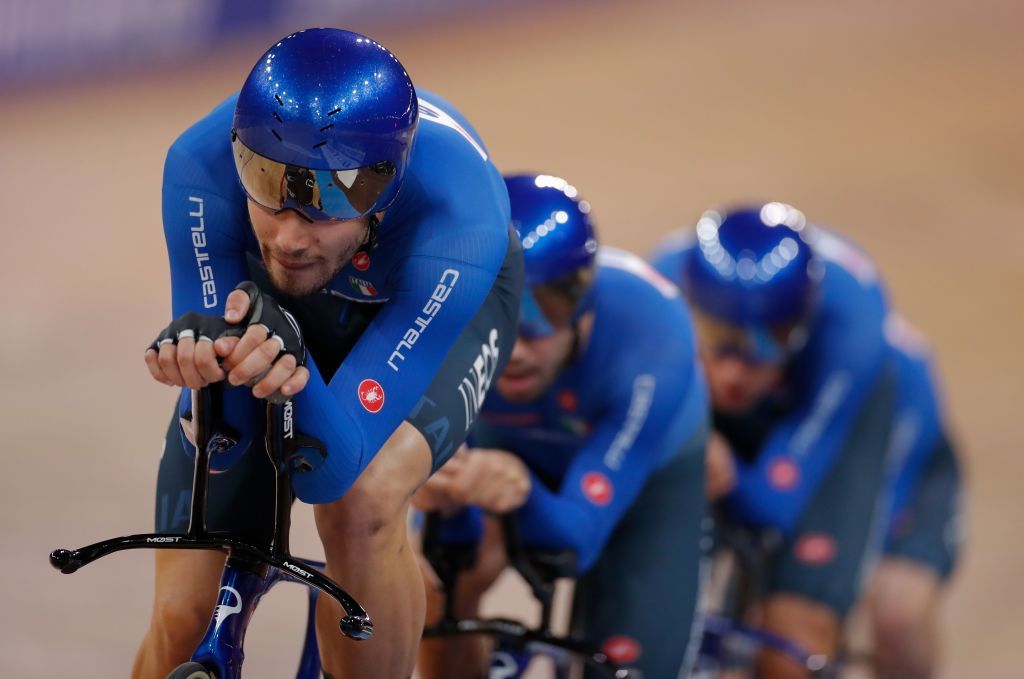 Italys team competes in the mens Team Pursuit Finals at the UCI track cycling World Championship at the velodrome in Berlin on February 27 2020 Photo by Odd ANDERSEN AFP Photo by ODD ANDERSENAFP via Getty Images