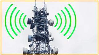 a 5g cell tower with green waves coming out