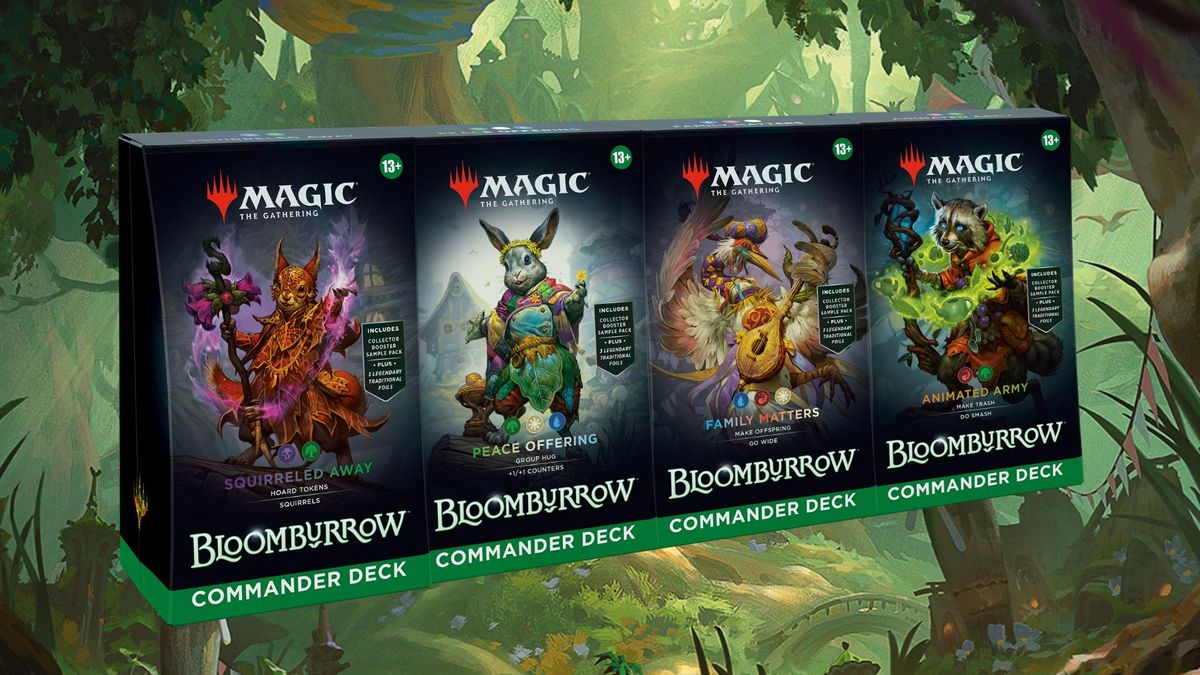 all four MTG Bloomburrow Commander precons on an illustrated forest background