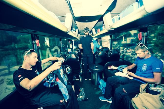 TheGarmin Sharp riders pre-stage on the team bus