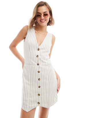 Asos Design Mini Button Through Linen Waistcoat Dress in Natural Stripe