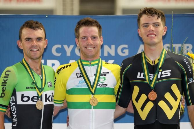 The men's points race podium. Jack Bobridge, Glen O'Shea and Trent Derecourt