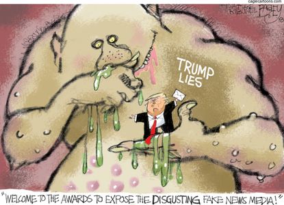 Political cartoon U.S. Trump fake news awards