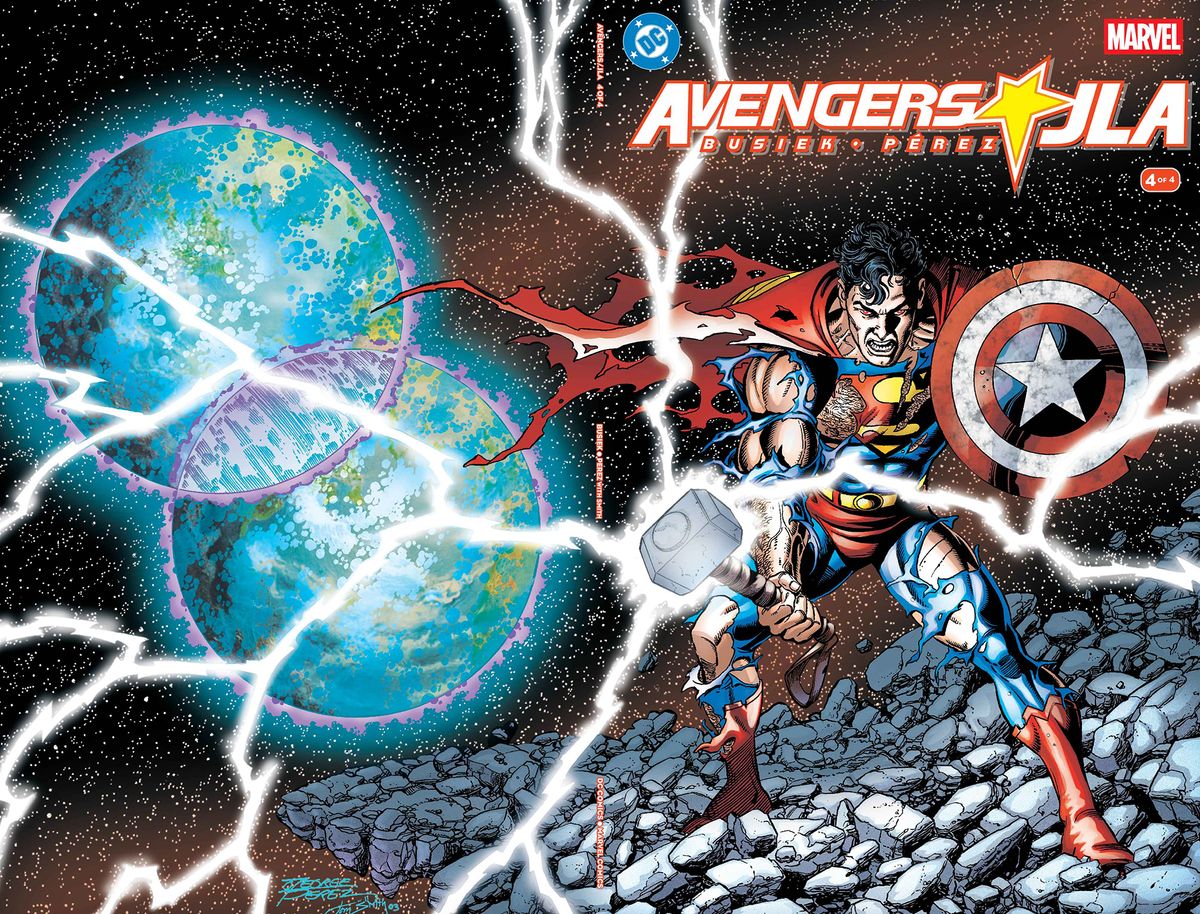 Superman in a battle-damaged costume brandishing both Mjolnir and Captain America's shield