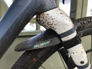 Image shows the Ass Savers Mudder Mini fender / mudguard mounted on a gravel bike.
