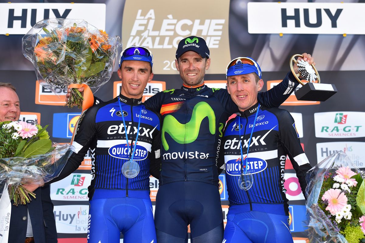 The 2016 Fleche Wallonne podium: Julian Alaphilippe, Alejandro Valverde and Dan Martin