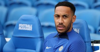 Chelsea star Pierre-Emerick Aubameyang looks on prior to the Premier League match between Brighton & Hove Albion and Chelsea FC at American Express Community Stadium on October 29, 2022 in Brighton, England.