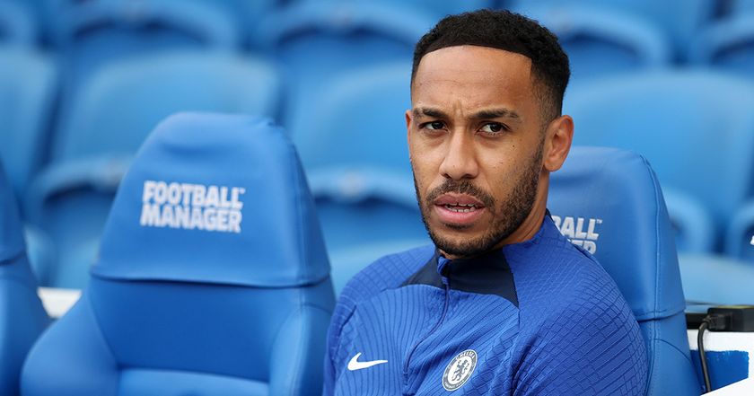 Chelsea star Pierre-Emerick Aubameyang looks on prior to the Premier League match between Brighton &amp; Hove Albion and Chelsea FC at American Express Community Stadium on October 29, 2022 in Brighton, England.