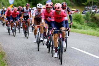 SAINTGAUDENS FRANCE JULY 13 Neilson Powless of The United States Stefan Bissegger of Switzerland and Team EF Education Nippo leads The Peloton during the 108th Tour de France 2021 Stage 16 a 169km stage from Pas de la Casa to SaintGaudens LeTour TDF2021 on July 13 2021 in SaintGaudens France Photo by Tim de WaeleGetty Images