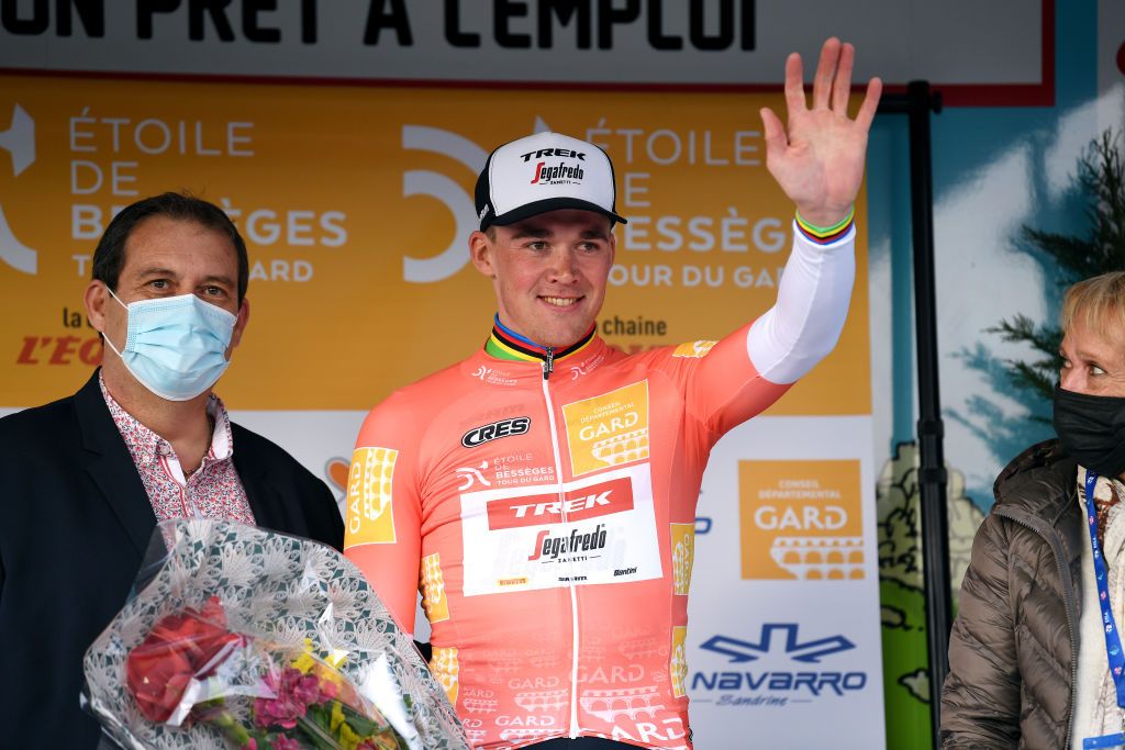 ROUSSON FRANCE FEBRUARY 03 Mad Pedersen of Denmark and Team Trek Segafredo celebrates winning the orange leader jersey on the podium ceremony after the 52nd toile De Bessges Tour Du Gard 2022 Stage 2 a 156km stage from SaintChristollesAls to Rousson 304m EtoiledeBesseges EDB2022 on February 03 2022 in Rousson France Photo by Luc ClaessenGetty Images