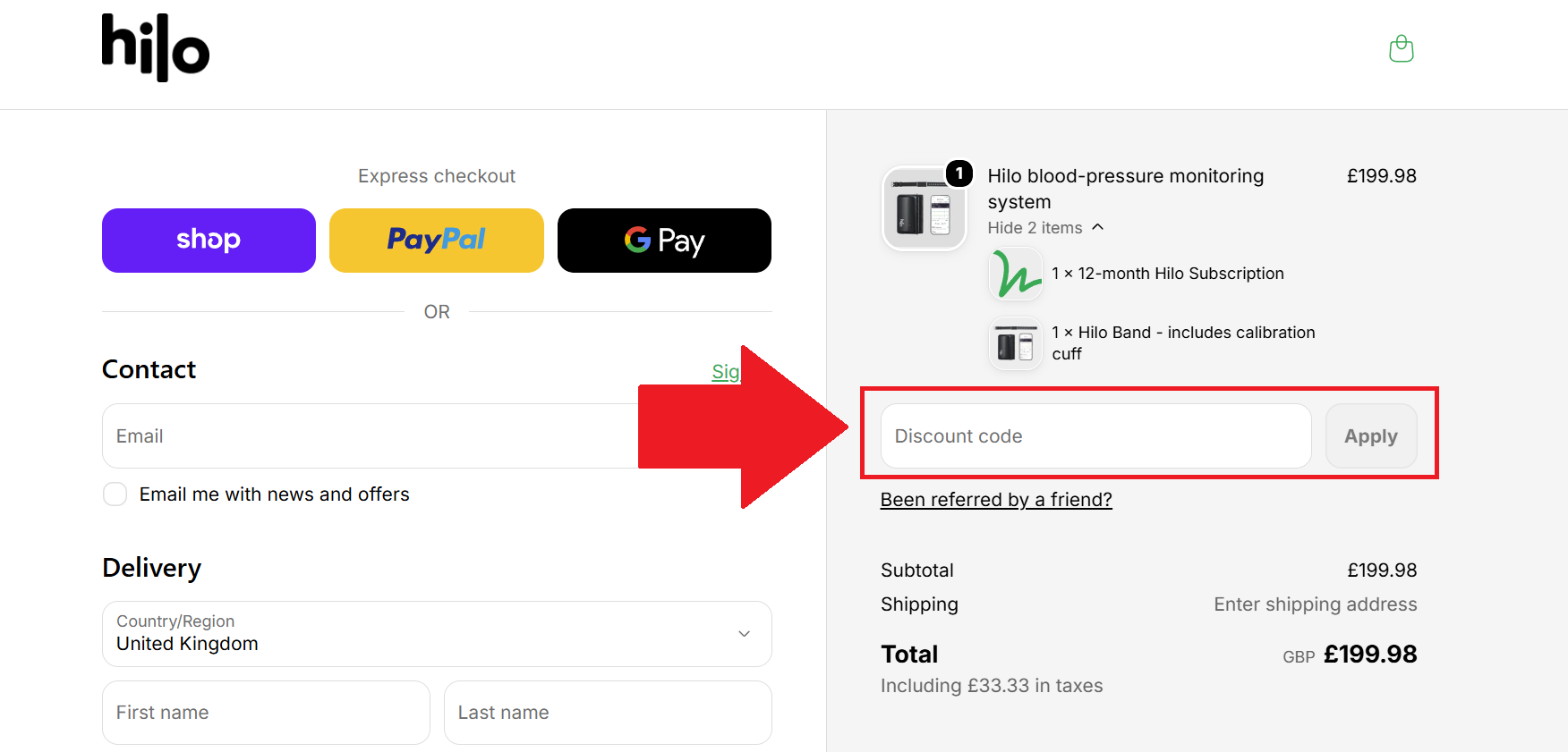A screenshot of the Hilo checkout page showing where to enter a Hilo promo code